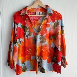Joie 100% linen Red and Orange Floral V-Neck Blouse